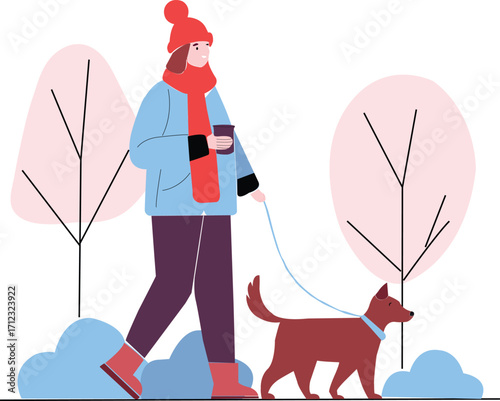 A person in a winter coat and hat walks their dog while holding a hot drink, representing a cozy and pleasant winter outdoor activity