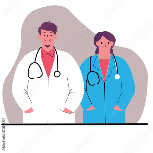 Two professional doctors, a man and a woman, standing together and smiling, representing medicine, healthcare, and medical consultation