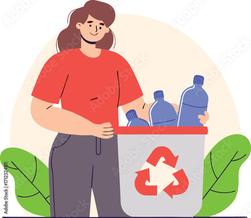A woman is recycling plastic bottles, demonstrating a commitment to environmental conservation and waste management