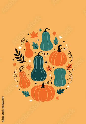 A beautiful autumn arrangement of pumpkins and gourds on an orange background.