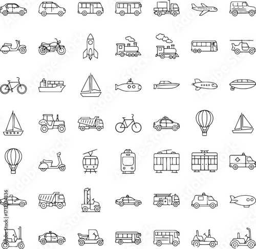 Diverse Transportation Icons Grid on White Background Keywords: car, SUV, bus, truck, airplane, scooter, motorcycle, rocket, train, tram, trolleybus, ambulance, helicopter, bicycle, ship