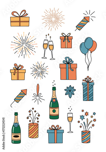 Celebration elements featuring gifts champagne and fireworks displays.