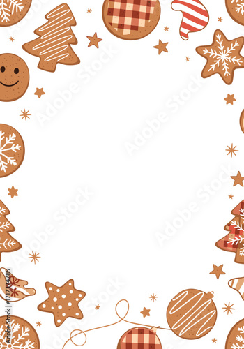 A delightful collection of festive gingerbread cookies adorns the border of this charming holiday invitation.