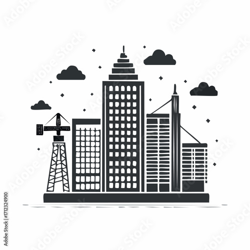 A stylized cityscape illustration with tall buildings, a construction crane, and clouds against a white background.