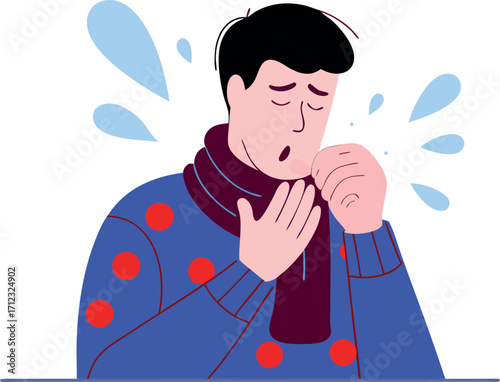 A man in a scarf and sweater is coughing or sneezing, representing a cold, flu, allergy, or other illness