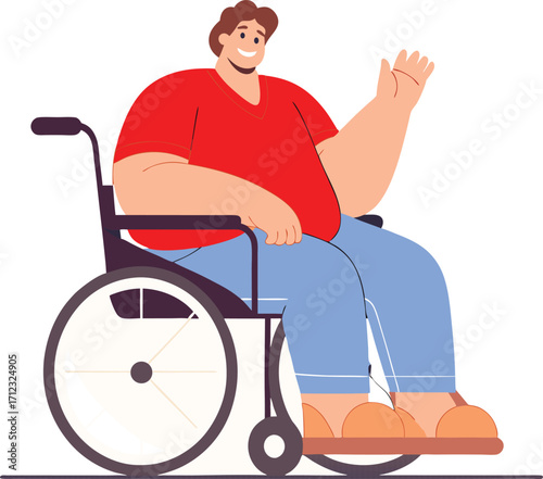 A happy man in a wheelchair waves, showing a positive and optimistic representation of people with disabilities