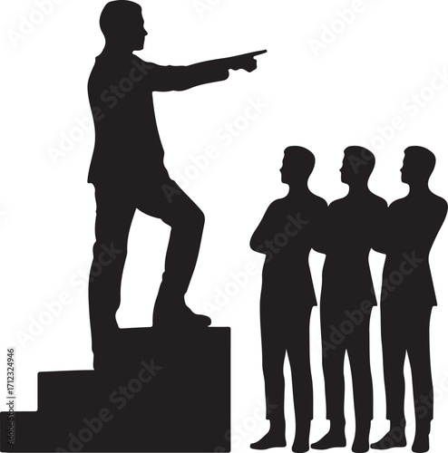 Silhouette of a leader pointing the way to a group of followers on stairs Keywords: leader, leadership, pointing, direction, stairs, steps, group, followers, team, business, success, strategy