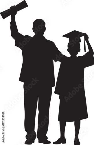 Silhouette of a man holding a diploma and a child in graduation attire with arms around each other adult
