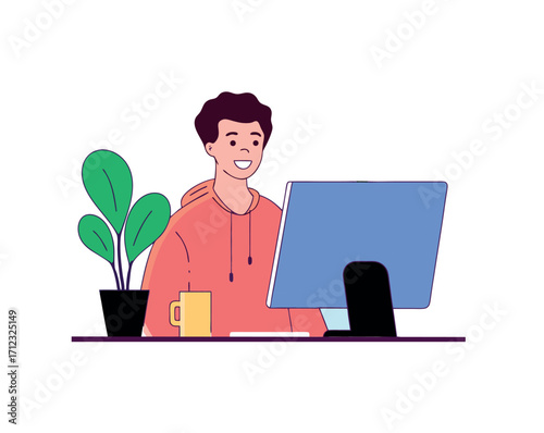 A man in an orange hoodie is happily working on his computer, representing a positive and relaxed home office or student lifestyle