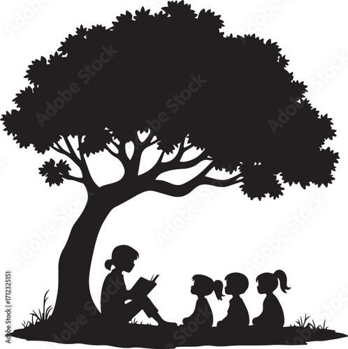 Silhouette of a woman reading a book under a large tree to three children sitting on grass teacher