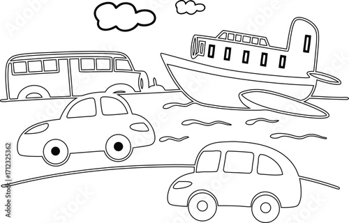 Black and White Transportation Coloring Page Featuring a Boat, Buses, Cars, and Clouds for Creative Artistic Fun