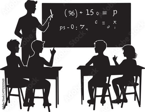 Teacher Demonstrating Math Problems to Students in a Classroom Silhouette Keywords: teacher, students, classroom, education, learning, blackboard, chalk, pointing, sitting, desks, chairs, children
