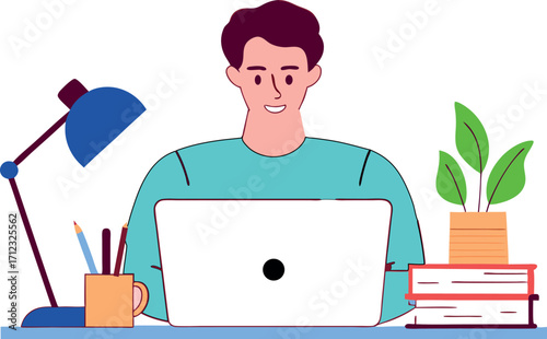 A man sits at a desk with a lamp, a plant, and books, working on his laptop, representing a comfortable workspace or home study