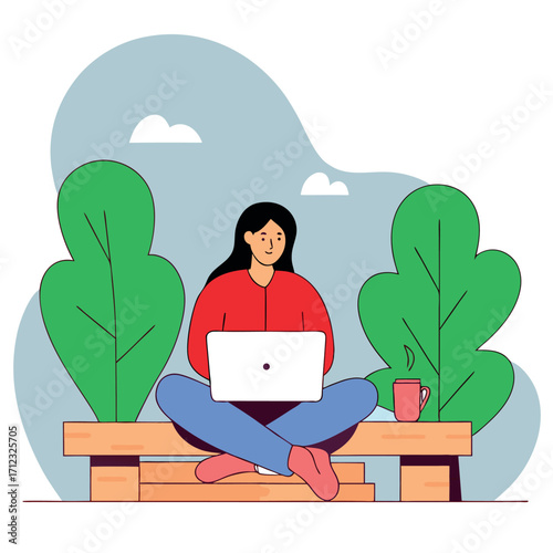 A woman sits cross-legged on a park bench, working on her laptop, representing remote work, digital nomad, or outdoor study