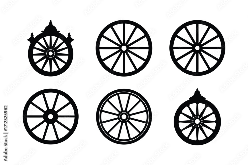 Fototapeta premium chariot wheel bundle set linocut style silhouette vector illustration on white background