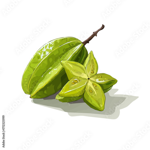 Starfruit, 2D flat vector illustration in icon style, isolated on a white background