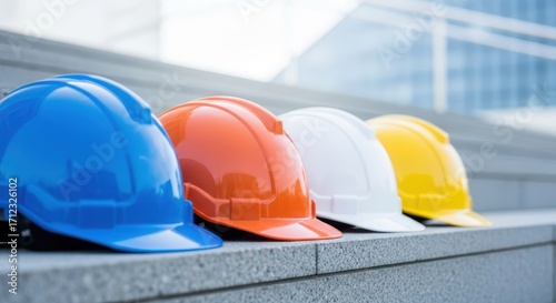 Safety helmets ready for construction project workers on steps