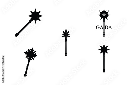 gada mace bundle set linocut style silhouette vector illustration on white background