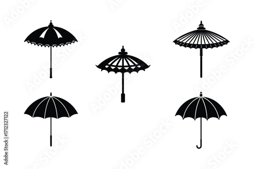 sacred parasol bundle set linocut style silhouette vector illustration on white background