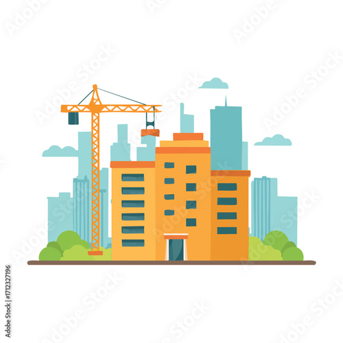 Construction site with a new orange building rising in a city skyline.