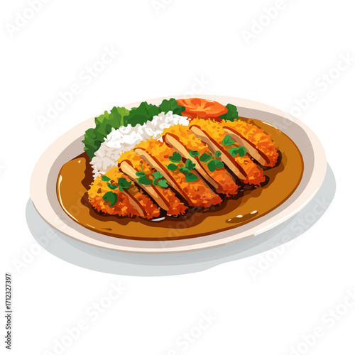 2D flat vector graphic of a Katsu Curry in icon style, isolated on white background