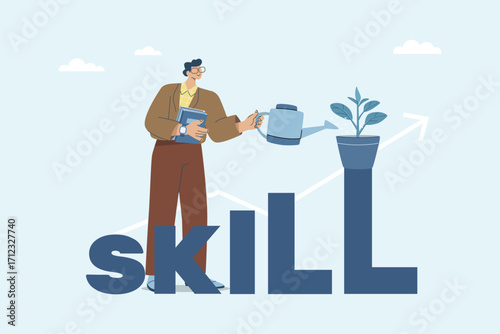 Businessman watering tree on skill steps, self learning investment, career and personal success,