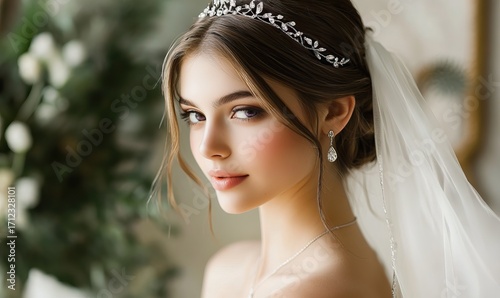 Elegant bride portrait featuring tiara, veil and delicate bridal jewelry accessories