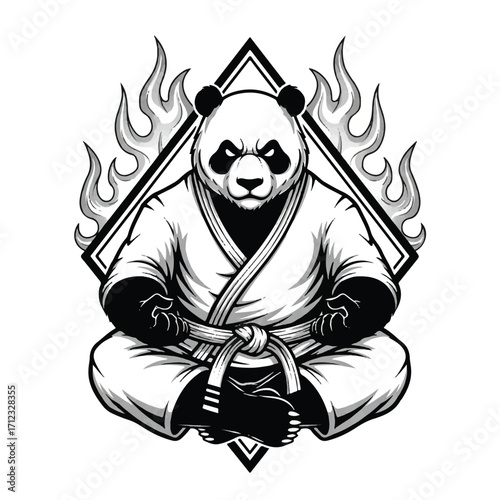 A fierce panda in a martial arts uniform, sitting in a meditative pose with flames.