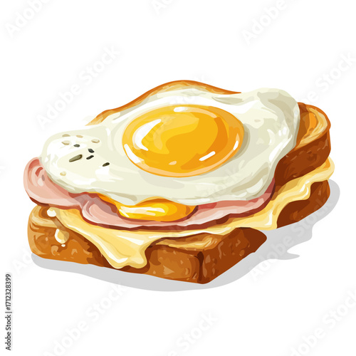 Croque Madame, 2D flat vector illustration in icon style, isolated on a white background