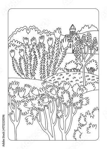 Сute cartoon landscape for coloring. Vector illustration featuring a church, trees, and flowers. Coloring book for kids and adults. lineart
