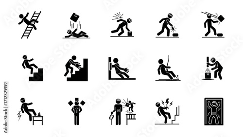 Workplace Safety Icons – Black Silhouette Accident Hazard Signs in Grid