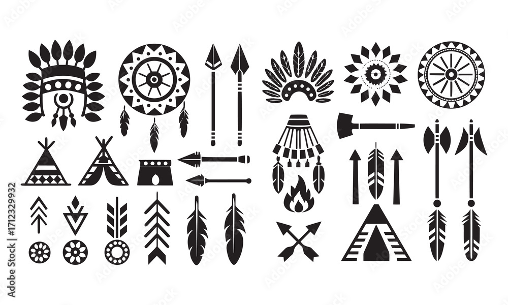 Fototapeta premium Heritage and Tribal Symbols | Feathers, Dreamcatchers, Geometric Ethnic Patterns, and Cultural Icon Set
