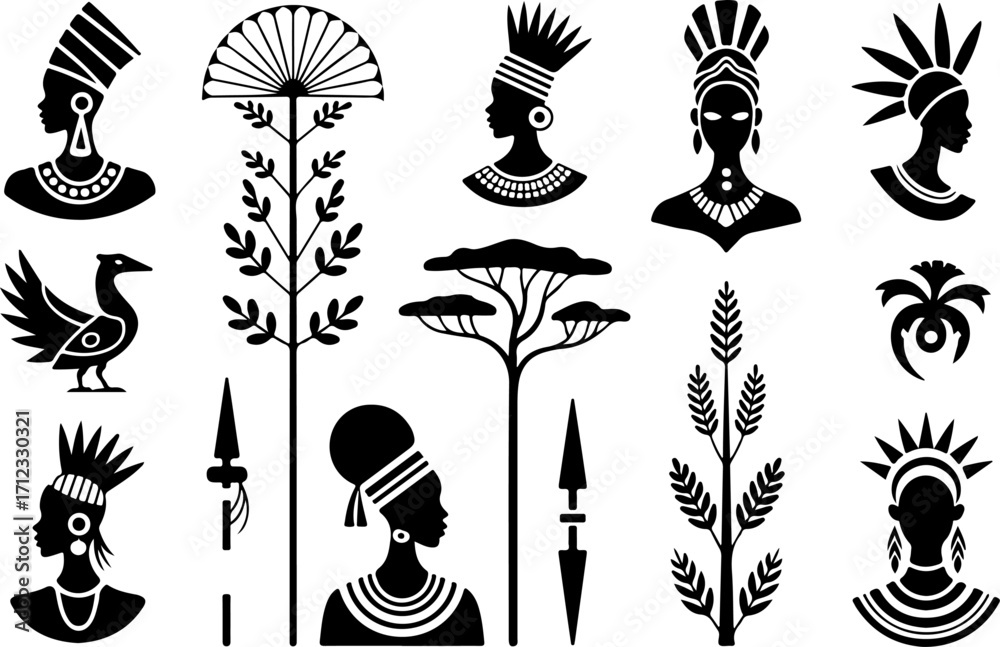 Naklejka premium African Tribal Silhouette Vector – Women, Warriors, Nature and Traditional Art