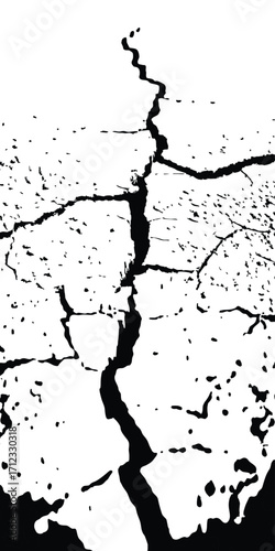 High-contrast jagged crack on a textured surface in black and white. Perfect for natural disaster visuals, destruction-themed projects, edgy designs, digital art, and dramatic backgrounds.