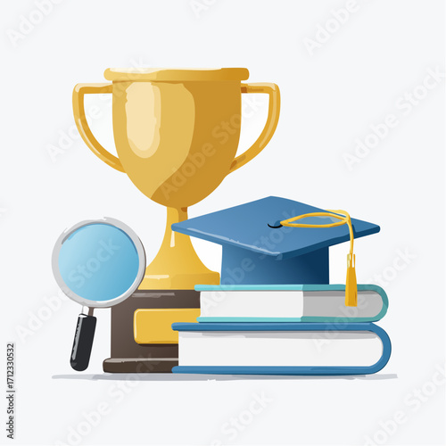 Awards, graduation icon vector set. Medal, certificate, trophy, graduation cap and magnifier books. 3d rendering elements.