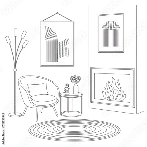 Cozy Living Room with Fireplace, Artwork, and Lamp - Modern Home Interior Illustration