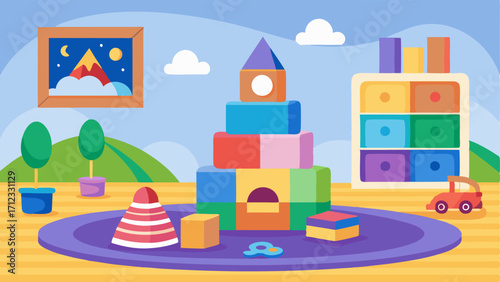 A designated kids corner with toys books and a colorful play mat.