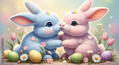 Cute Easter Bunnies Kissing.