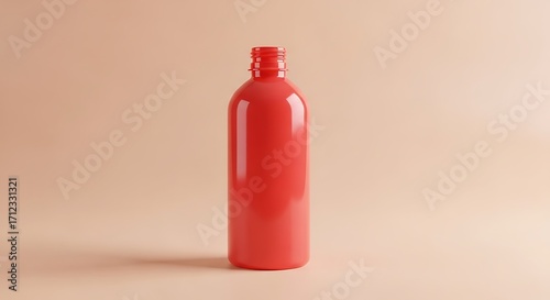 Red Glass Bottle on Pastel Background.