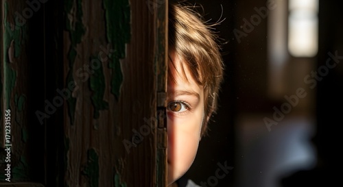 Child peeking cautiously through a narrow gap in an old wooden door, half of face lit by sunlight.