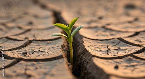 Green plant sprouting from a deep crack in dry, parched soil, symbolizing resilience and hope.