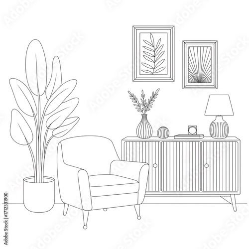 Elegant Living Room Decor with Plant, Frames, and Lamp - Modern Interior Design Illustration Coloring page
