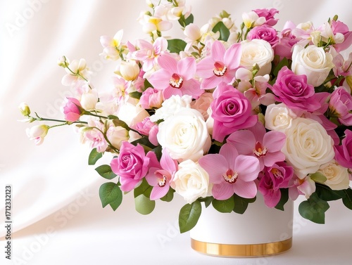 A vibrant floral arrangement featuring pink and white roses, orchids, and delicate blossoms in an elegant white vase.