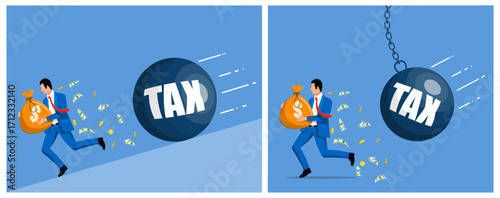 Man running away from tax with money bag. Tax evasion or increasing taxation concept for financial burden and economy.