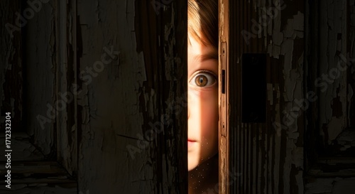 Wide-eyed child peeking fearfully through a narrow crack in an old wooden door, face half-lit by soft light.