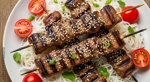 Delicious Teriyaki Skewers with Noodles.
