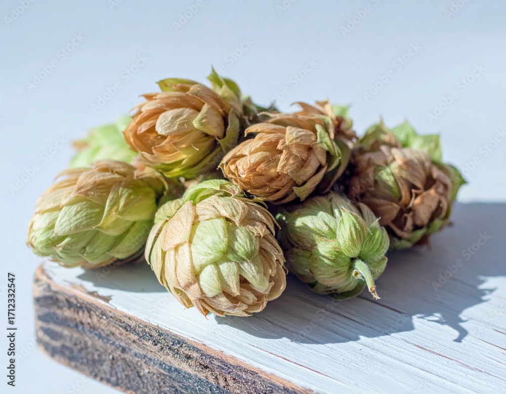 Obraz premium Fresh and dried hop cones on wooden board