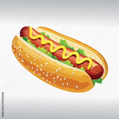 A delicious hot dog in a sesame seed bun, topped with mustard and lettuce.