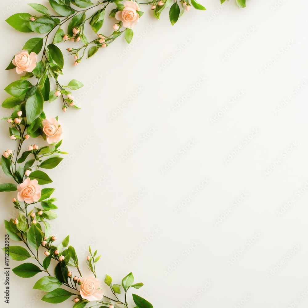 Fototapeta premium Delicate peach roses and lush green leaves create a charming border against a light background, perfect for floral-themed designs.