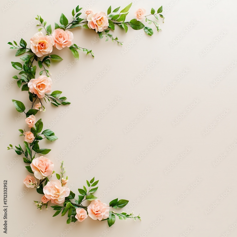 Fototapeta premium A delicate arrangement of soft pink roses and green leaves forms a charming border against a light background.